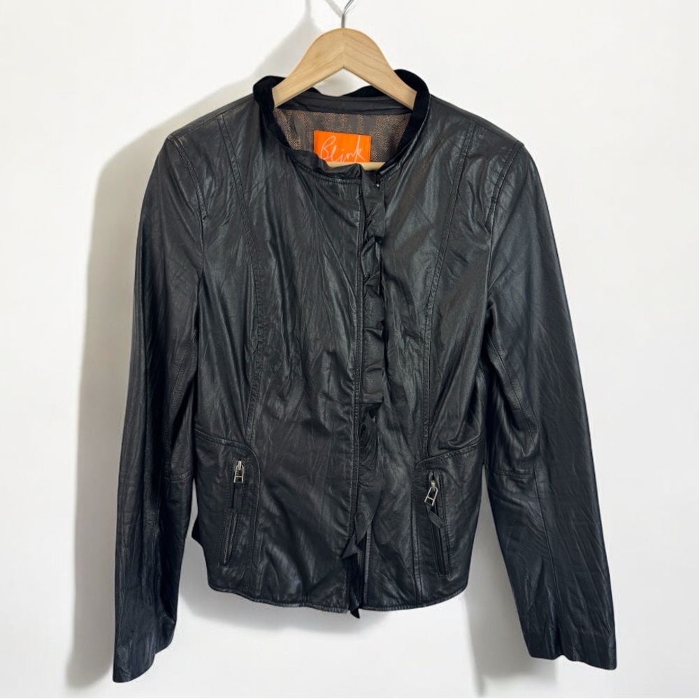 Blink Danier Leather Zip Up Coat Ruffle Detail Fall Y2K Size Small